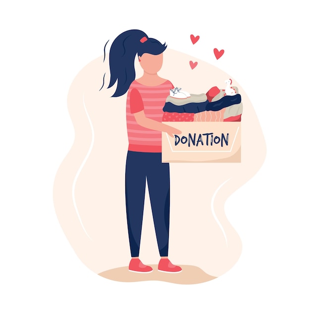 Vector vector scene with a girl giving goods in a cardboard box for charity flat design