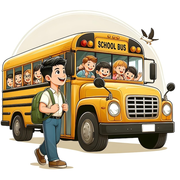 Vector of school bus with kids peeking out on a white background