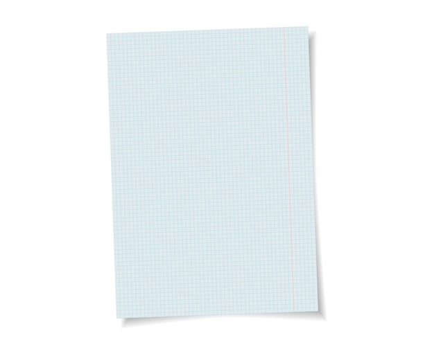 Vector school note book paper with realistic shadow. White blank page isolated on background. Mock up template.