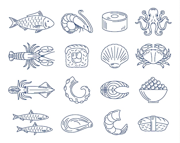 Vector seafood and sushi blue icons collection