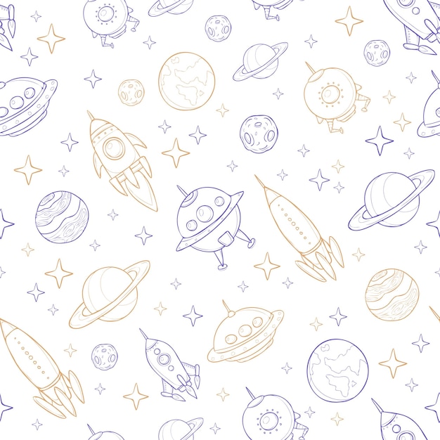 Vector seamles pattern with space objects and spaceships