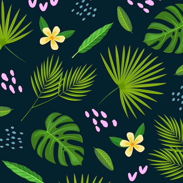 Vector seamles pattern with tropical palm branches leaves and hand drawn elements