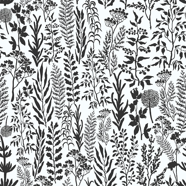 Vector seamless background with black and white illustration of herbs plants and flowers