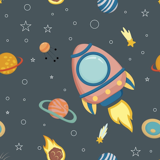 Vector seamless background with the image of rockets and planets, for childish design. EPS 10.