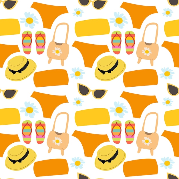 vector seamless beach pattern with the image of a suitcase sunglasses beach bag hat