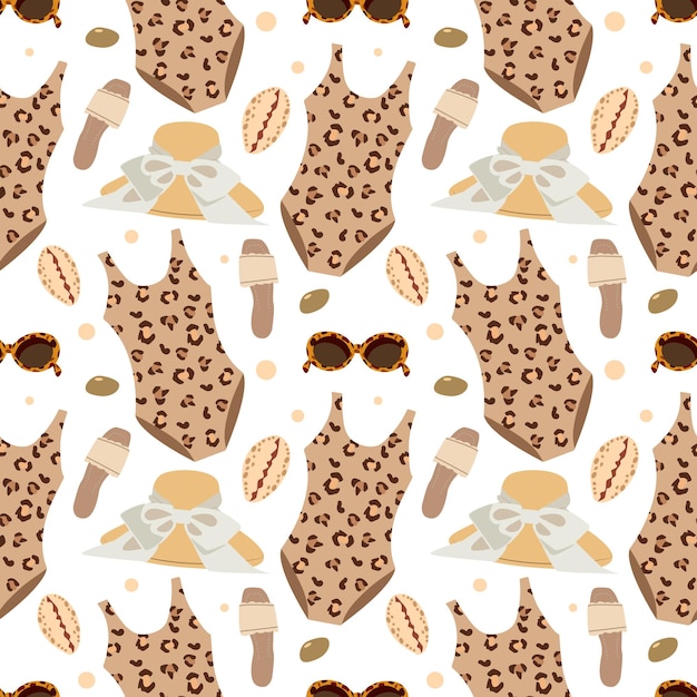 vector seamless beach pattern with the image of a suitcase sunglasses beach bag hat