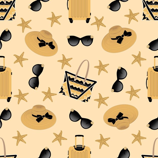 Vector seamless beach pattern with the image of a suitcase sunglasses beach bag widebrimmed hat starfish