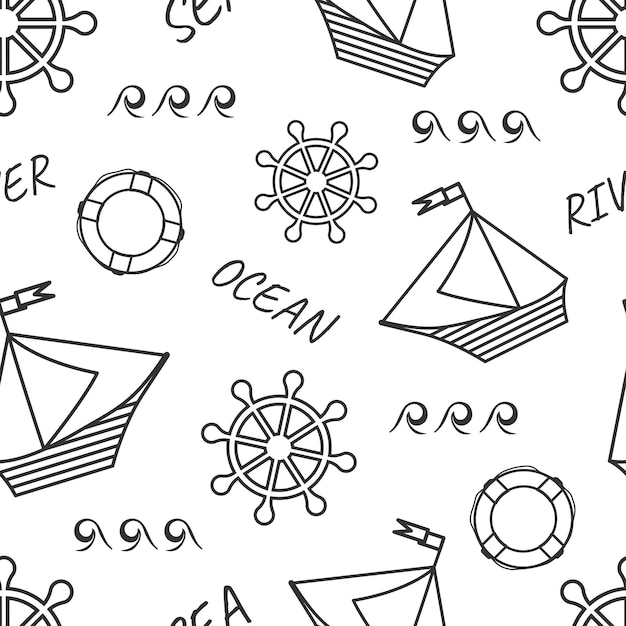 Vector seamless black and white pattern on a marine theme