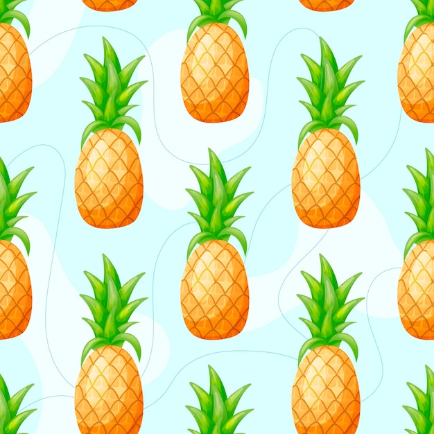 Vector seamless bright pattern with cartoon fresh pineapples with tops