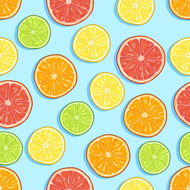 Vector Seamless Cartoon Pattern of Circle Sliced Citrus Fruits