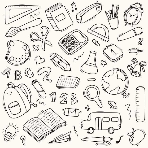 Vector seamless cartoon pattern school and school supplies, stationery, books, backpacks, school bus.