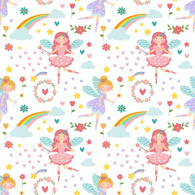 Vector seamless childish pattern with fairy flowersrainbow and other elements Fairy with a magic wand vector illustration Seamless pattern with cartoon fairy for kids girl EPS