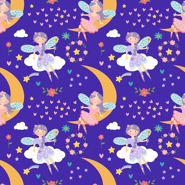 Vector seamless childish pattern with fairy stars moon and other elements Fairy with a magic wand vector illustration Seamless pattern with cartoon fairy for kids girl EPS