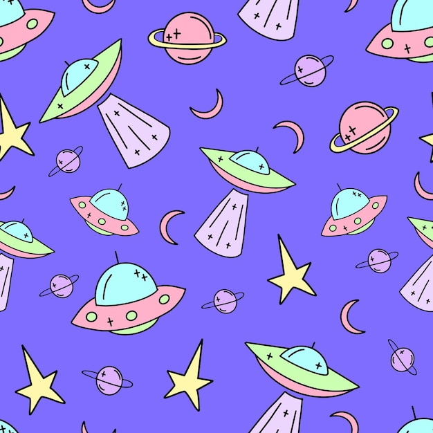 Vector Seamless childish space pattern with rockets, asteroids and ufo.