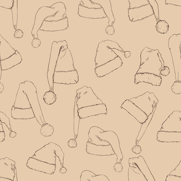 Vector Seamless Christmas Pattern of Sketch Santa Hats