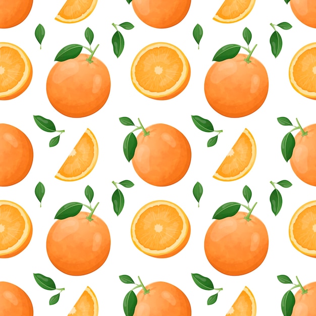 Vector seamless citrus fruit pattern Halves and slices of bright oranges with green leaves Sweet healthy natural food dessert