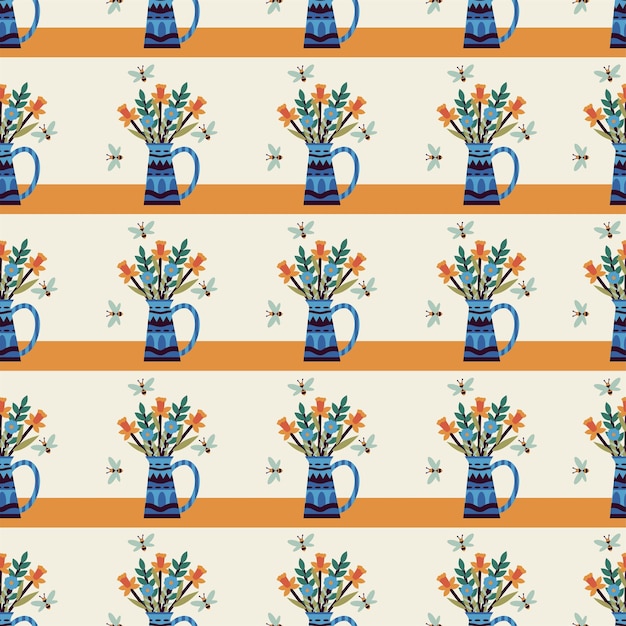 Vector seamless floral pattern texture with blue vases with a bouquet of flowers