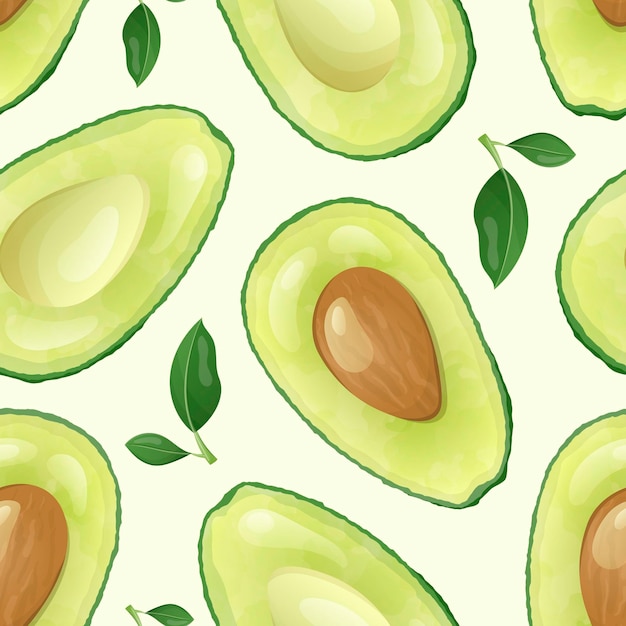 Vector seamless food pattern of avocado halves with bone and leaves. Natural healthy nutritious fruit.