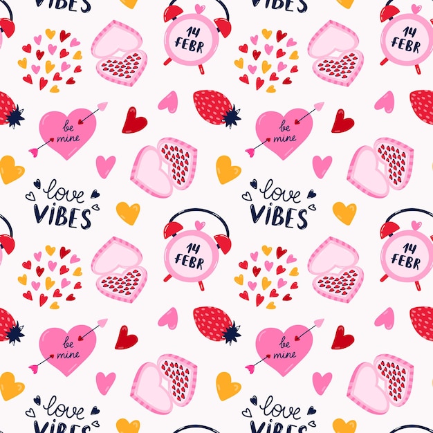 Vector seamless hand drawn pattern with heart pierced by arrow strawberry heart shaped box of chocolate Valentine39s day illustrations For wrapping paper bedclothes notebook packages gift paper