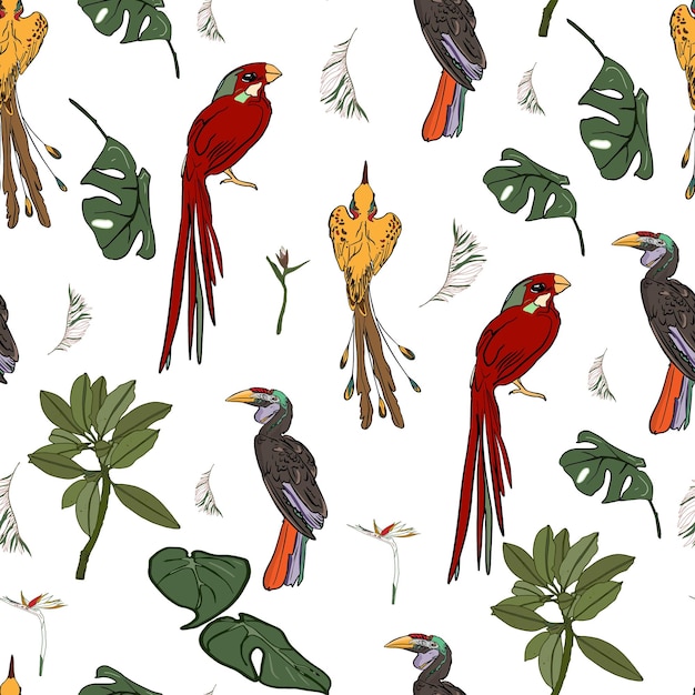 Vector vector seamless illustration of paradise and tropical birds in colors and jungle exotic birds pattern for printing on fabric blanks for designers banner bed