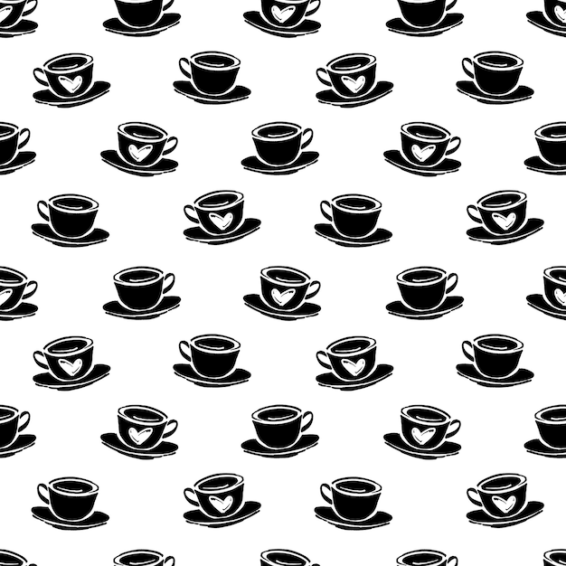 Vector seamless patten with hand drawn cup of coffee or tea cup and hearts Simple monochrome background