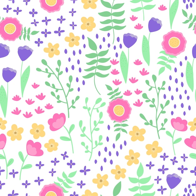 Vector seamless pattern, beautiful fantasy abstract flowers and plants on white background. Scandinavian style, pastel colors.