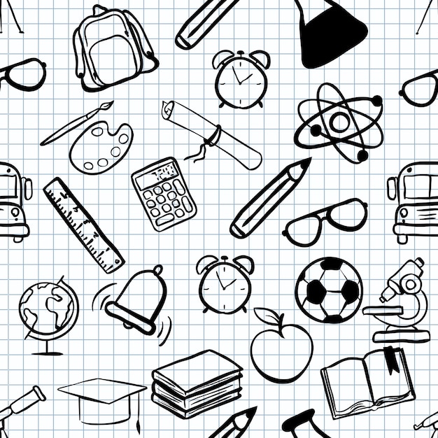 Vector Seamless Pattern of Black Sketch School Icons on Checkered Paper Background