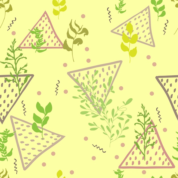 Vector seamless pattern of branches leaves and abstract triangles zigzags with dotsBackground for fabric textile wallpaper paper spring invitations and cards Natural green colors