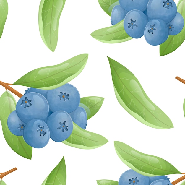 Vector seamless pattern of branches or twigs with a bunch of forest blueberries with leaves. Natural healthy wild forest berries.