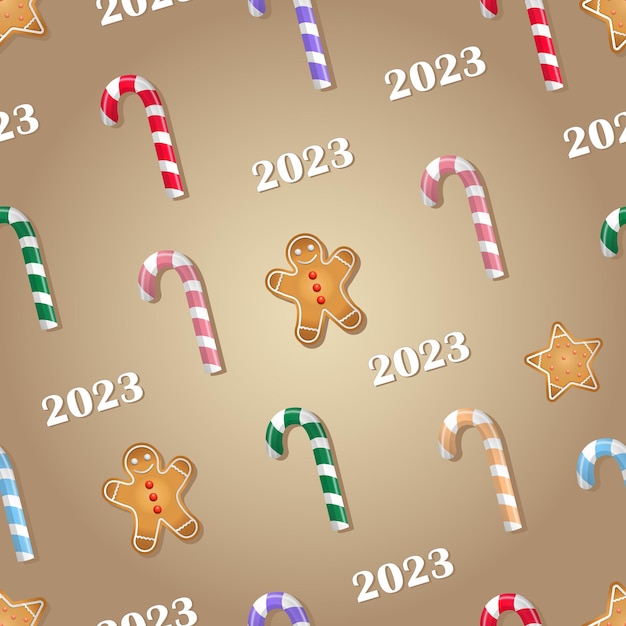 Vector seamless pattern of cartoon candy cane and gingerbread. Wallpaper with sweets and 2023 text