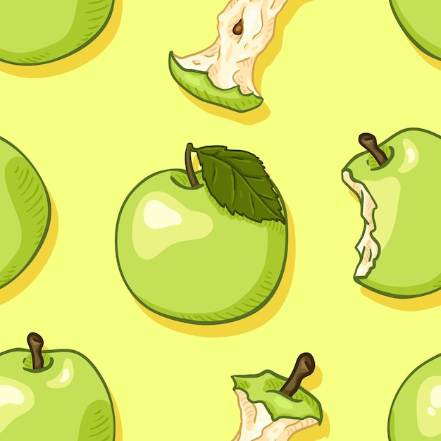 Vector Seamless Pattern of Cartoon Green Apple on Lightgreen Background