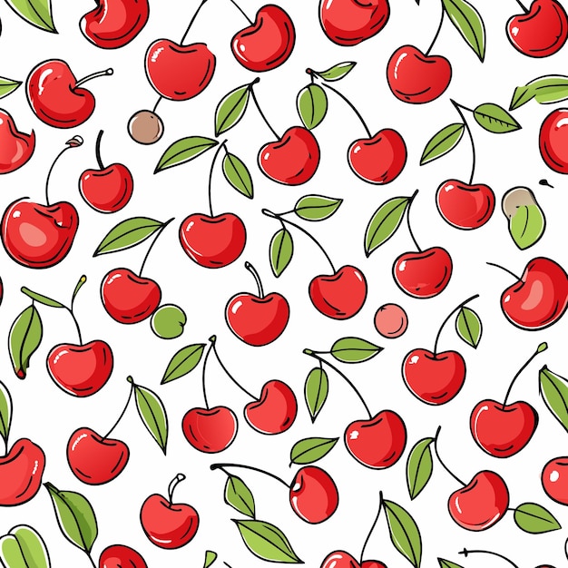 Vector vector seamless pattern of cherries with green leaves and red berries