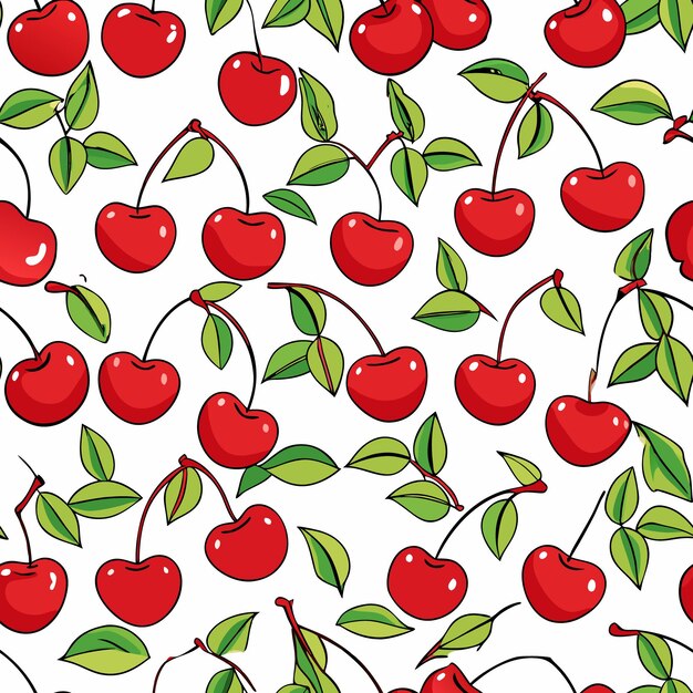 Vector vector seamless pattern of cherries with green leaves and red berries