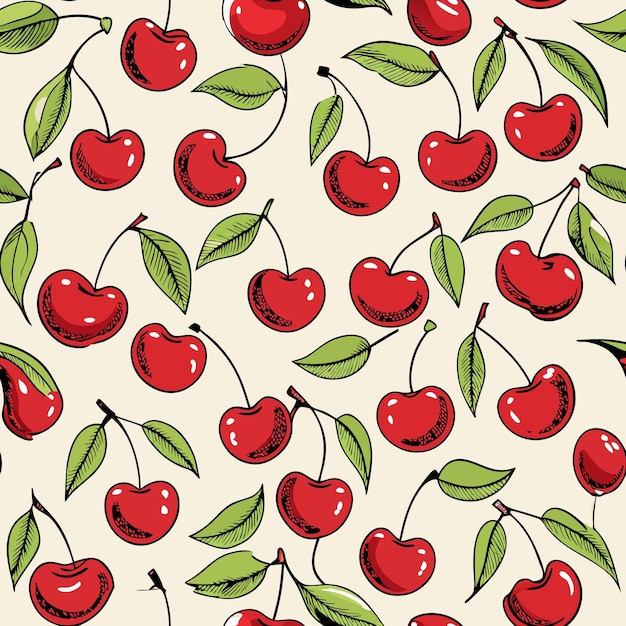 Vector vector seamless pattern of cherries with green leaves and red berries