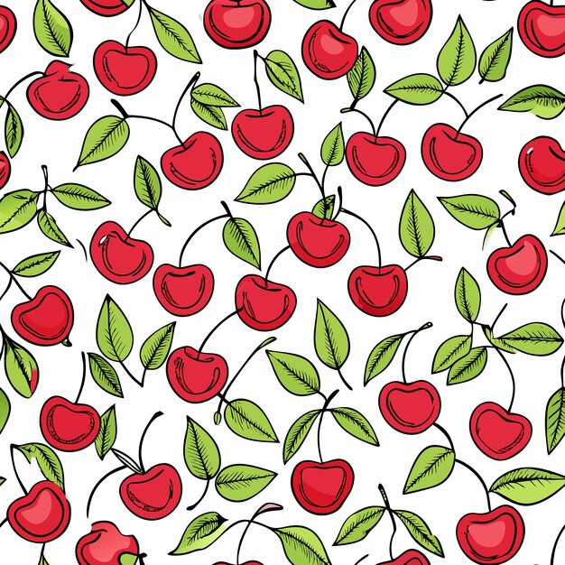 Vector vector seamless pattern of cherries with green leaves and red berries