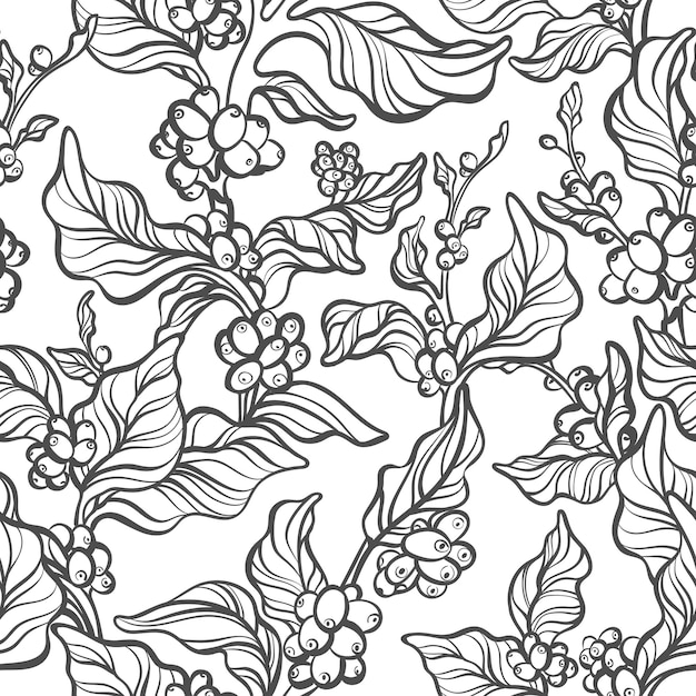 Vector seamless pattern of coffee tree, branch, leaves, bean. Natura simple print, tropical background Floral silhouette, hand draw art line illustration Exotic texture Summer plantation, rich harvest