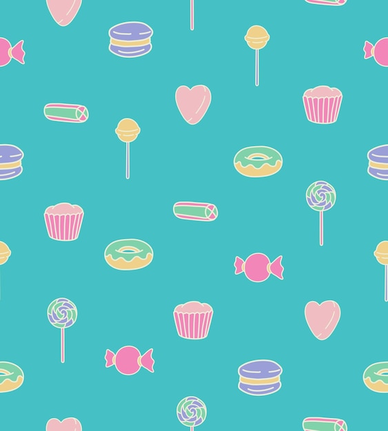 Vector Seamless Pattern Colorful Candy Sweets Food Design Illustration On Tosca Background Wallpape