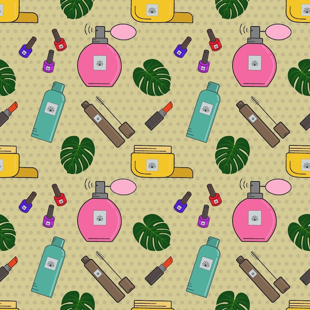 Vector seamless pattern of cosmetics.Creams,lipstick, nail polish, face masks. Cosmetics store