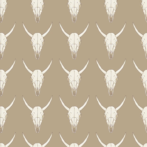 Vector Seamless Pattern of Cows Skull on Brown Background