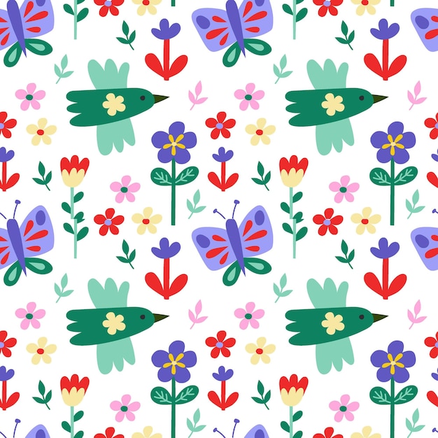 Vector seamless pattern Cute butterfly bird flowers on white background scandinavian pattern