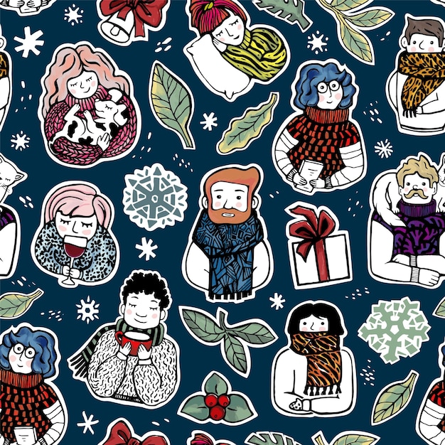 vector seamless pattern of cute drawn diverse people in warm clothes with winter elements.