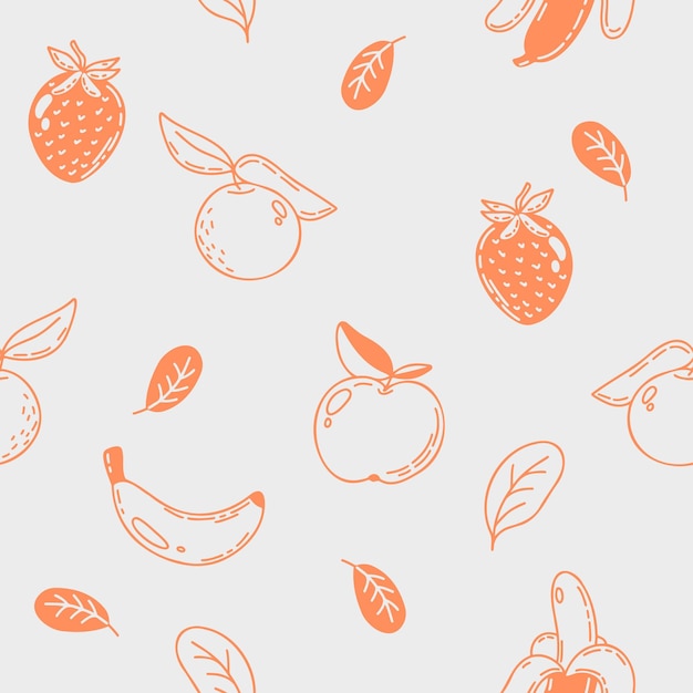 Vector seamless pattern of a different fruits and berries drawn in doodle style Apples bananas and oranges