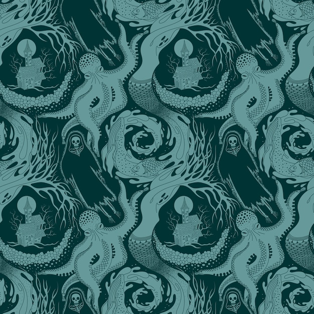 VECTOR SEAMLESS PATTERN OF DIFFERENT PHANTASMAGORIC SCARY CREATURES OF THE ANIMAL AND AQUATIC WORLD