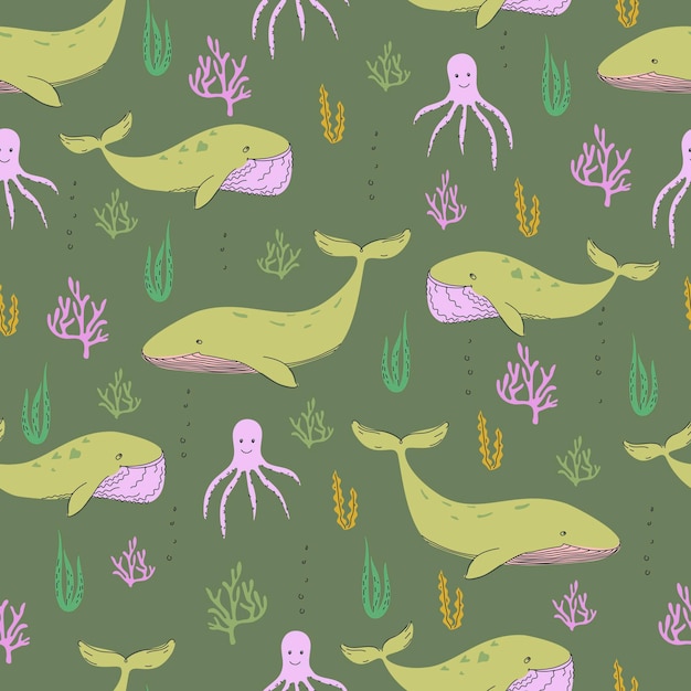 Vector seamless pattern in doodle style with marine animals and algae