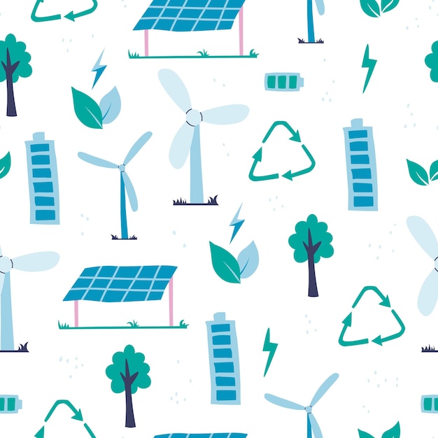 Vector seamless pattern of eco concept Natural electricity solar and wind alternating current generation system Tree and leaves battery level and other elements of nature