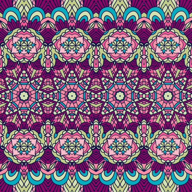 Vector seamless pattern ethnic tribal floral psychedelic colorful fabric print