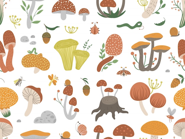 Vector seamless pattern of flat funny mushrooms with berries, leaves and insects. Autumn repeat space. Cute fungi texture with acorns and cones