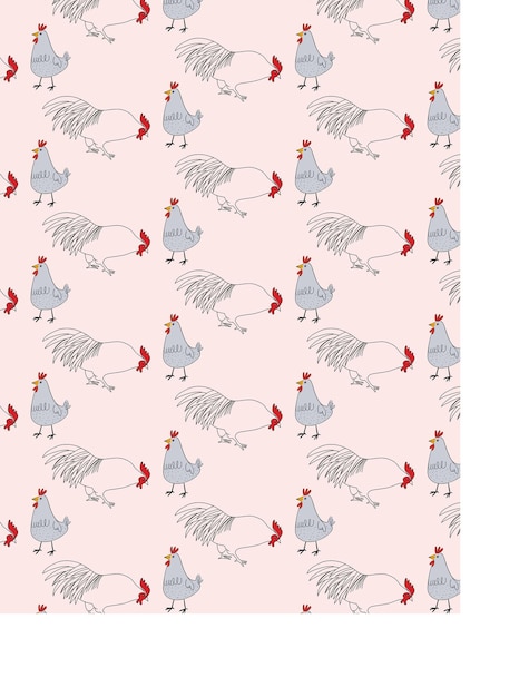 Vector seamless pattern of flat rooster chicken hen hand drawing