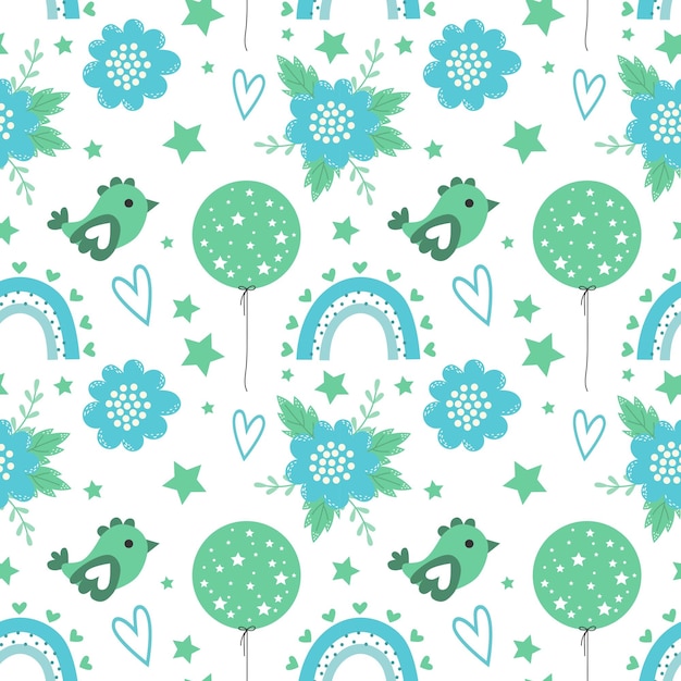 Vector Seamless pattern of flowers birds rainbow ballons Spring backgrounds