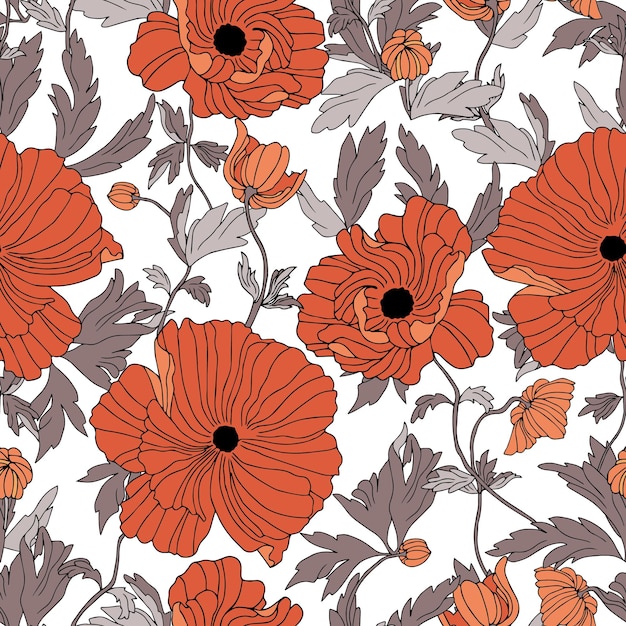 Vector seamless pattern flowers of poppies with leaves Botanical illustration for wallpaper textile fabric clothing paper postcards